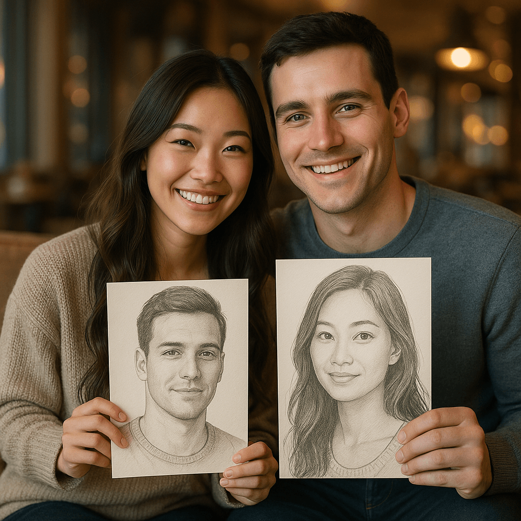 Sarah and Mike holding their AI-generated soul portraits